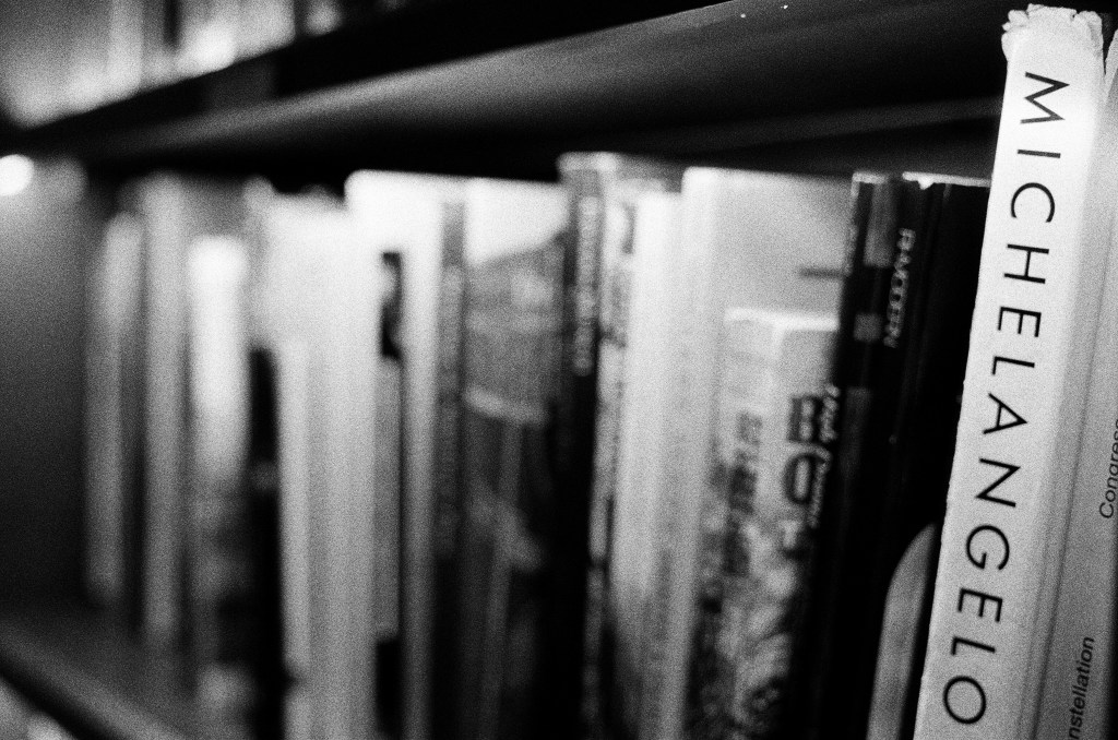 Decorative photo of books on the shelf.